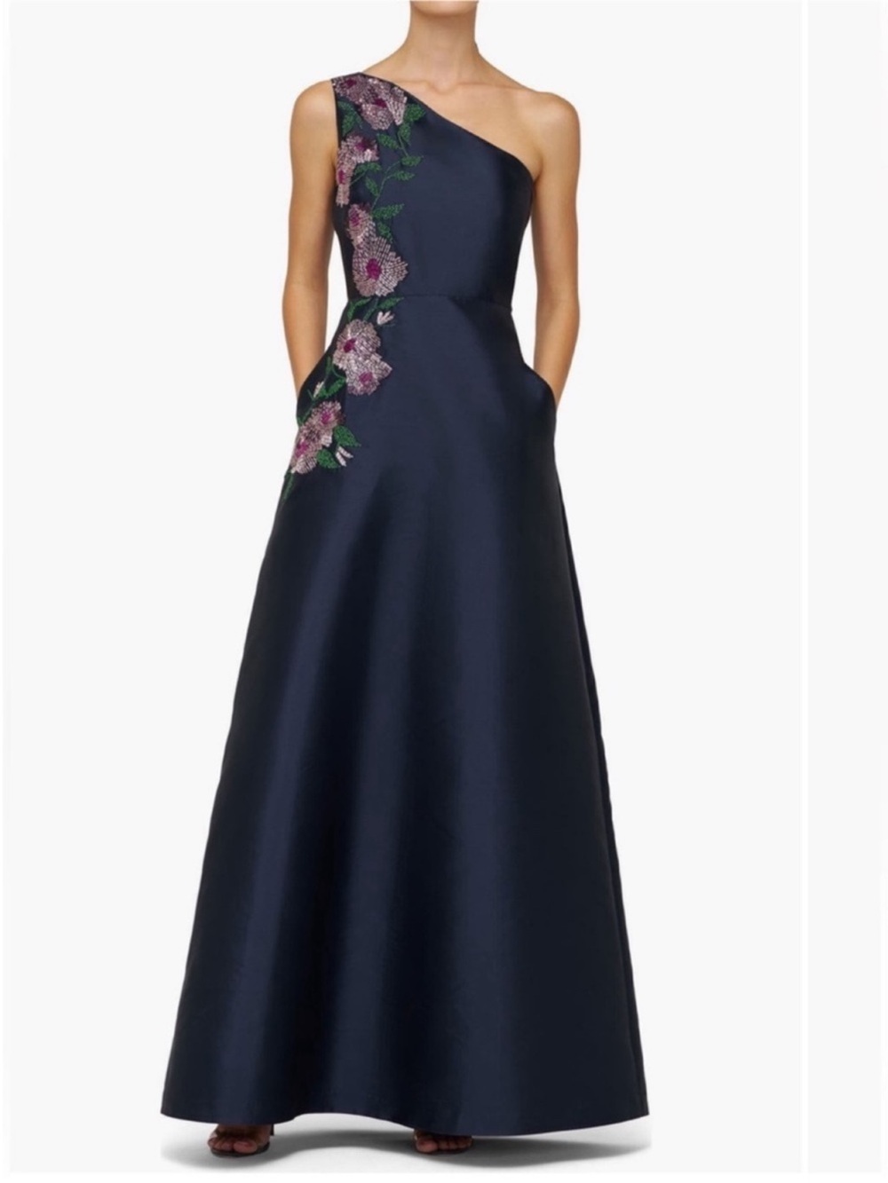KAY UNGER Giada Beaded Floral One Shoulder Gown in Dark Midnight Navy Blue